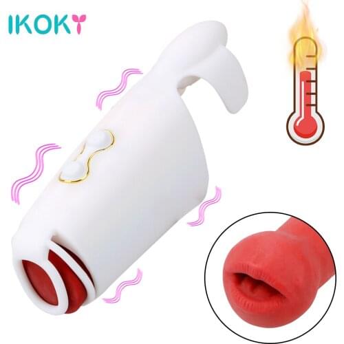 IKOKY Penis Delay Trainer Heating Masturbation Cup Electric Pulse Vibrator Glans Massager Sex Toys Blowjob Male Masturbator