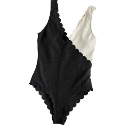 Monokini Color Block High Cut Deep V Neck Swimsuit Fashion Women Lace Ribbed One Piece Swimwear Bikinis Set for Summer