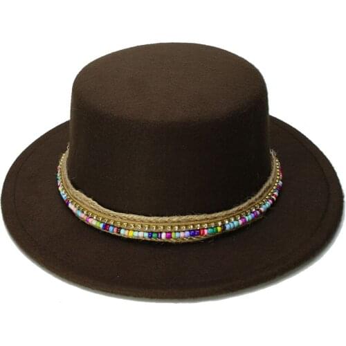 LUCKYLIANJI Retro Kid Vintage 100% Wool Wide Brim Cap Pork Pie Porkpie Bowler Hat bead knit Leather Band(54cm/Adjusted)