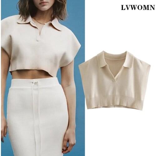 LVWOMN Za Women Tops T-shirt 2021 Summer Polo neck Short Sleeve Loose Knitted Crop Tops Solid Colors Plus Size Woman Clothes