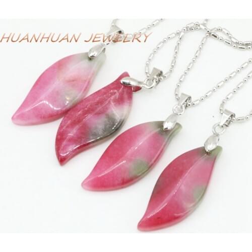 Trendy Pendant For Women Long Leaves Shape Natural Stone Jades Chalcedony 13x31mm Pendants Stainless Steel Chain Jewelry B3358