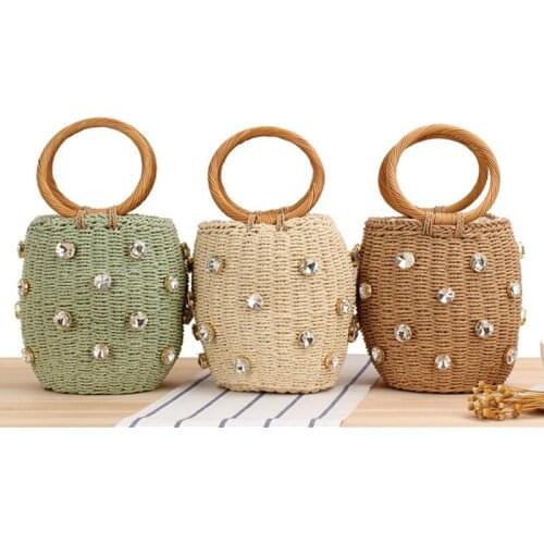 2021 New Ladies Handmade Rhinestone Crystal Embellished Straw Bag Handbag Fashion Bucket Bag Woman Travel Wallet Handbag Mini