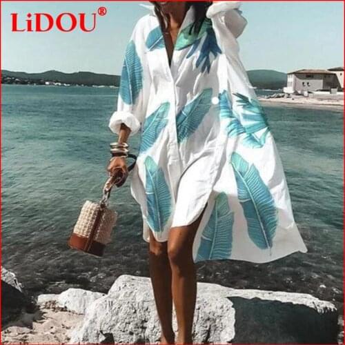 2021 New Women Plus Size Vacation Casual Sundress Femme Loose Fashion Button Turndown Beach Dress Summer Feather Printed Dresses
