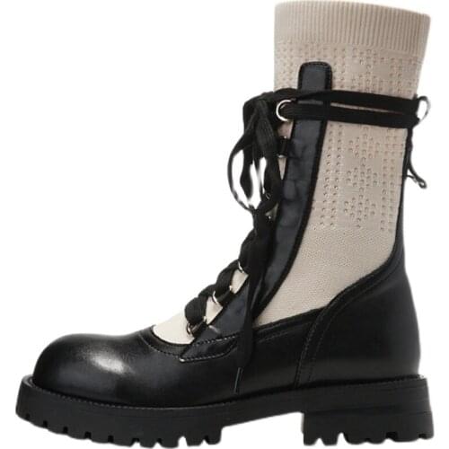 Autumn and Winter New Lace-up Black and White Color Matching Socks Boots Thick-heeled Thick-soled Mid-tube Elastic Thin Boots
