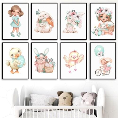 Easter Eggs Bunny Duckling Girl Flowers Nordic Posters And Prints Wall Art Canvas Painting Wall Pictures Baby Kids Room Decor