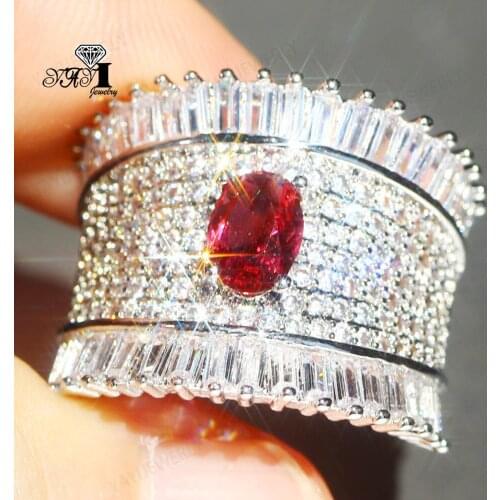 Luxury YaYI Fine Jewelry Red Ruby Genstones 180+pcs Cubic Zirconia Stamped S925 Silver Color Engagement Wedding Party Gift Rings