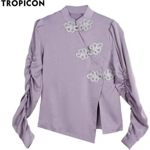 TROPICON Vintage Purple Puff Sleeve Blouse Women Long Sleeve Frog Stand Collar Asymmetrical Ruched Top Oblique Button Up Shirt