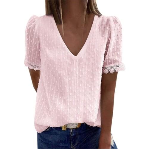 Womens V Neck Tshirt Short Sleeve Lace Shirts Vintage Elegant Tunic Tops Hallow Out High Street Tops Ropa Mujer 2021 #G3