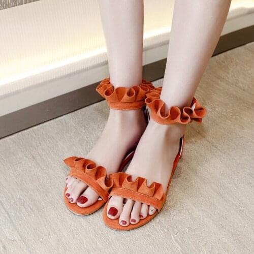 YMECHIC Sweet Flower Ruffles Lolita Ankle Strap Flat Heel Gladiator Sandals Women Orange Pink Lady Party Shoes Summer Plus Size