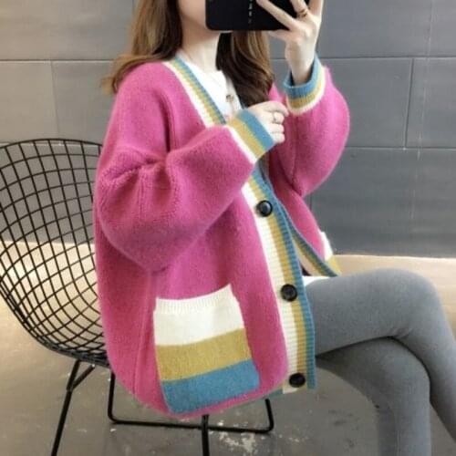 2021 Winter Fashion Women Long Sleeve Loose Sweaters Stylish Candy Color Pocket Patchwork Knitted Cardigans Casual Oversize Coat