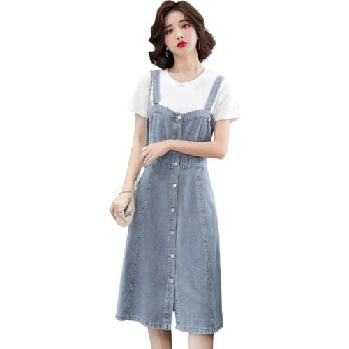 Vintage Denim Dress Women Plus Size Summer Fashion Sleeveless Strap Single Breasted Jeans Dresses Ladies Casual Vestidos G1211