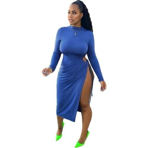 RStylish Women Sexy Autumn Solid Color 2021 Elegant Long Sleeve High Slit Bandage Bodycon Night Club Maxi Dress