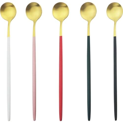 6Pcs Colorful Long Handle Cutlery Matte Stainless Steel Spoon Polished Stirring Drink Ice Cream Dessert Tea Spoon Dinnerware Set