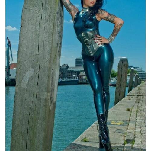 Bling metallic blue Fetish latex catsuit womens sleeveless tights with back zip to adbomen and exclude corset
