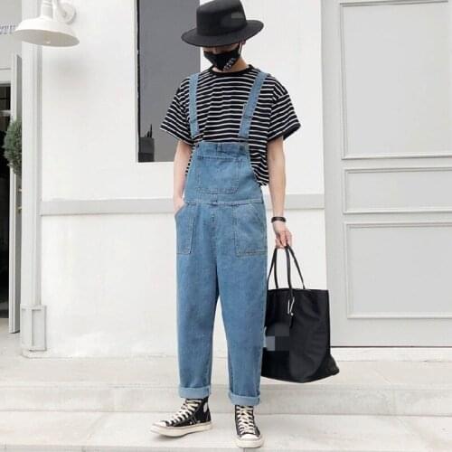 Denim Jumpsuits Men Ankle Length Button-Strap Jeans Fashion Loose Fit Hip Hop Jumpsuit One-Piece Harem Pants S-2XL