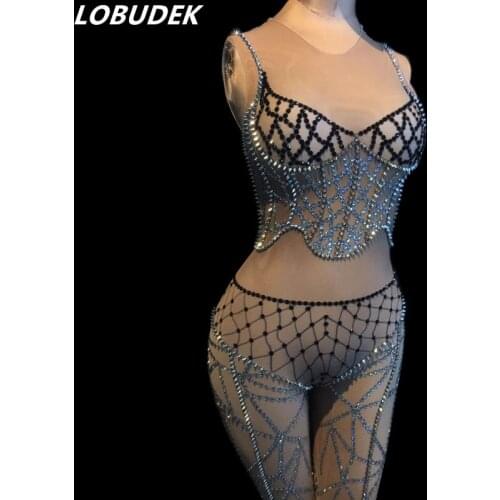 Black Crystals Silver Rivet Sleeveless Mesh Jumpsuit Stretch Leotard Rhinestones Jumpsuits Sexy Women Nightclub Dance Costume