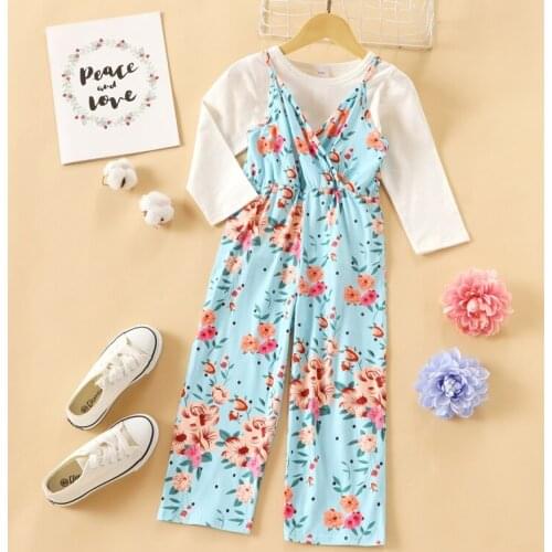 Hot Selling Girls Clothing Set Kids Clothes Girls 2 Pcs Sets Solid Long Sleeve Tops+flower Print Strap Dress Girls Outfits 1-6Y