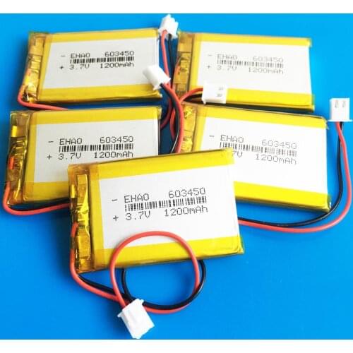 5 pcs 603450 3.7V 1200mAh lipo polymer lithium rechargeable battery XHR-2P 2.54mm plug for GPS PDA DVD recorder e-book camera