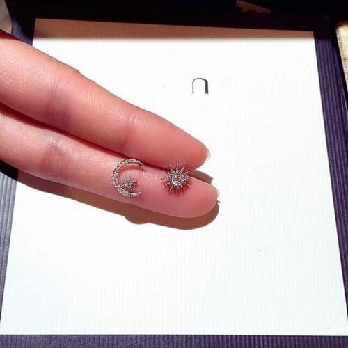 Cute Moon Star Korean Stud Earrings Bohemian S925 Sterling Silver Color Gold Sutd Earrings & Zircon Stone Women Fashion Jewelry