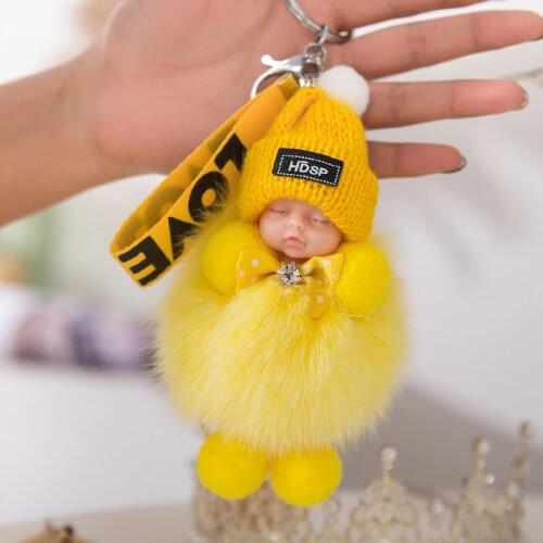 Cute Cartoon Diamond Bow Sleeping Doll Keychain Real Fox Fur Ball Key Chain Keyring Women Handbag Car Key Holder Bag Pendant Toy