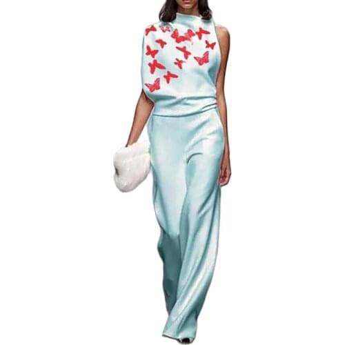 2021 Spring New Womens Sexy Dress Sleeveless Printed Butterfly Flower Turtleneck Jumpsuit