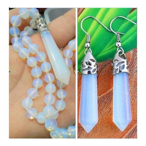 New Hexagonal Healing Chakra Reiki 8MM Opal Opalite Necklace 18"+ earrings