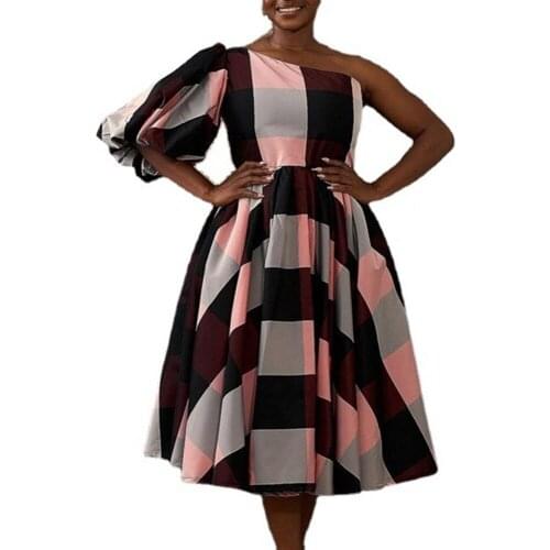 2021 New African Dresses For Women Vetement Femme Dashiki Print One-Shoulder Midi Dress Clothes Ankara Office Lady Dresses