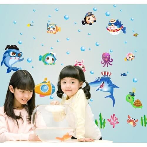 Underwater world fish wall sticker PVC Material wall decals For Living room Bathroom childrens room glass window decor sticker