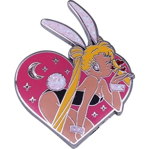 Sexy Bunny Girl pin sailor soon inspired brooch glitter pink heart badge hat bag acces
