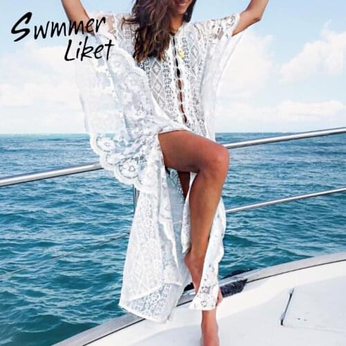 Mesh see through beach dress Lace bikini cover up Floral long dress Long trumpet sleeve swimsuit swimwear women bathing suit
