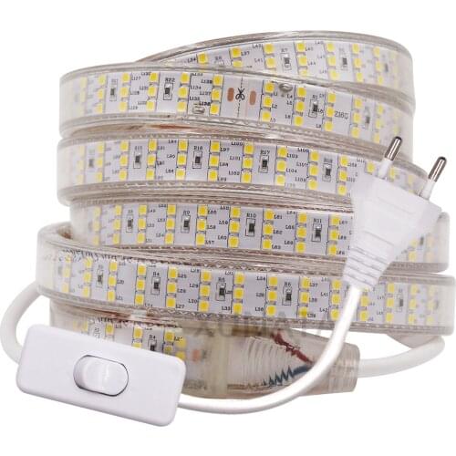 Super Brighter LED Strip 220V 240V EU UK Plug Waterproof 2835 276 LEDs/m Three Row Flexible Tape Ribbon LED Light Strip
