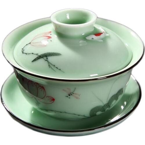 Lotus Embossed Fish Gaiwan Hand Painted Tea Tureen Longquan Pattern Lid Tea Bowls Tieguanyin Kettle Sent