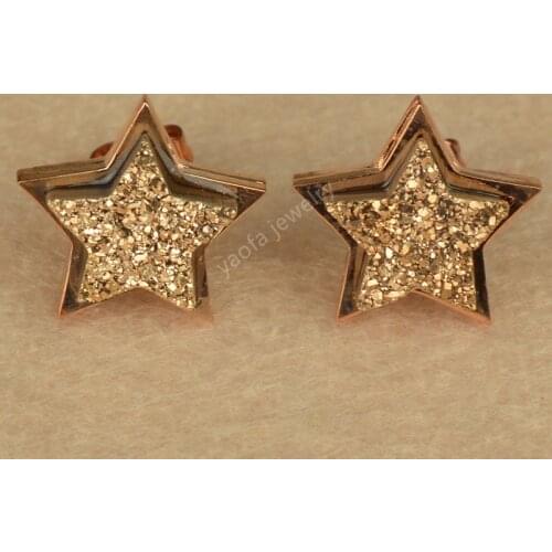 Wholesale Rose Gold Flat Back Star Shape Raw Natural Drusy Copper Earrings Loose Gems Druzy Agates Stone Eardrop For Woman