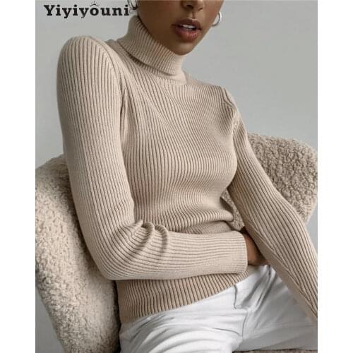 Yiyiyouni Casual Turtleneck Ribbed Knitted Sweaters Women Long Sleeve Solid Pullover Women 2021 Autumn Winter Slim Korean Jumper