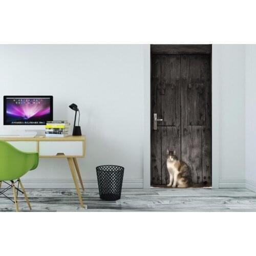 3D Cat in front of door Mural Wallpaper mural Wall Print Decal Wall Deco Wall Mural Photo self adhesive door wrap