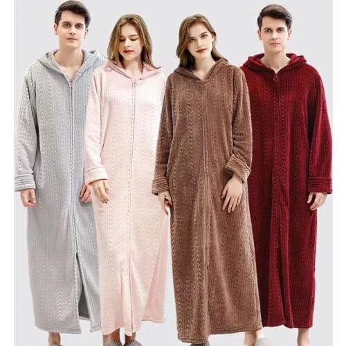 40-100kg Women Winter Plus Size Long Warm Flannel Hooded Bathrobe Men Sleepwear Pregnant Zipper Night Dressing Gown