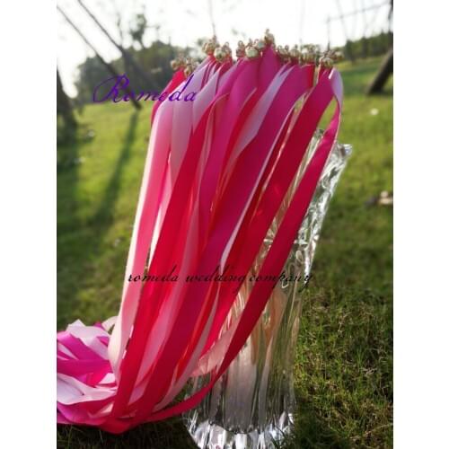 FREE SHIPPING--(50Pieces/Lot) fushia and pink ribbon wedding wands with gold bell Wedding Ribbon Stick,ribbon Twirling Streamers