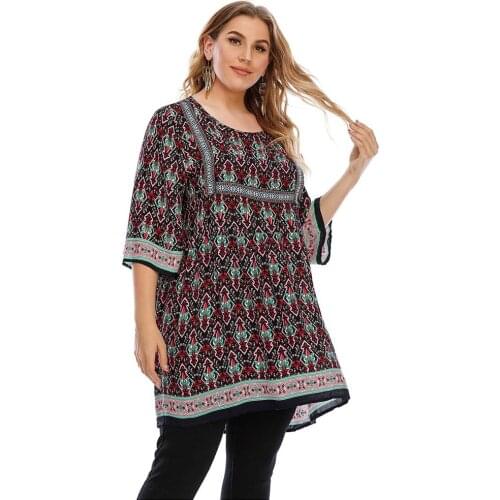 Plus Size Summer Long Blouse Women 2021 Three Quarter Sleeve Retro Printing Vintage Blouse Loose Oversized Ladies Tops