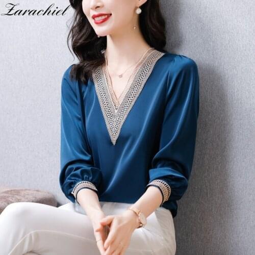 Elegant Office V Neck Long Sleeve Hollow Out Embroidery Chiffon Blouse 2021 Autumn Fashion Satin Loose Top Shirts Blusas Mujer