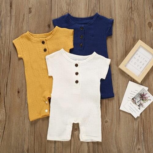 2021 New Toddler Infant Baby Girls Boys Sleeveless Buttons Solid Color Romper Summer Cotton Linen Casual Jumpsuit Ropa de bebé