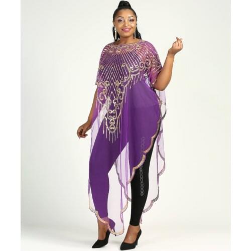 Summer 2021 New African Womens Fashion Gown Chiffon Batwing Sleeve Sequins And Fringes Loose Versatile Dress With Free Size