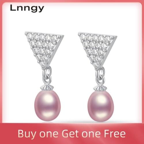 Lnngy 14K Gold Filled Triangle Earring 7-8.5mm Natural Cultured Freshwater Pearl Stud Earrings Women Party Fine Jewelry Earrings