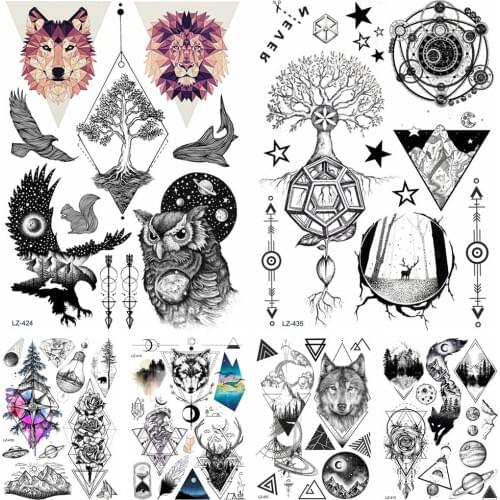 Fake Triangle Eagle Owl Design Waterproof Black Tree Temporary Tattoos Stickers For Men Women Body Arm Neck Art DIY Tatoo Kids