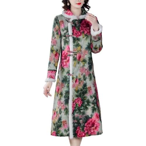 LUKAXSIKAX 2020 New Winter Women Thicken Warm Dress High-end Custom Vintage Print Chinese Style Improved Cheongsam Dress