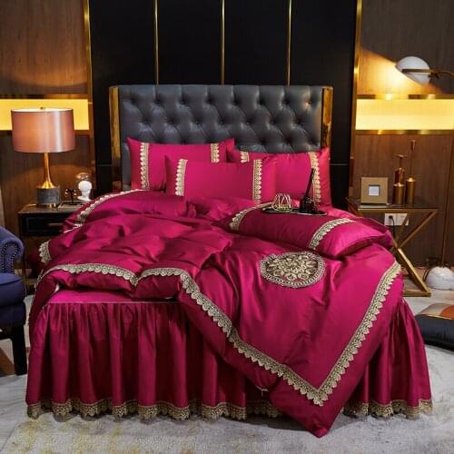 Luxury Princess Wedding Egyptian Cotton Embroidery Bedding Set Lace Edge Double Duvet Cover Set Bed Skirt Bed Linen Pillowcases