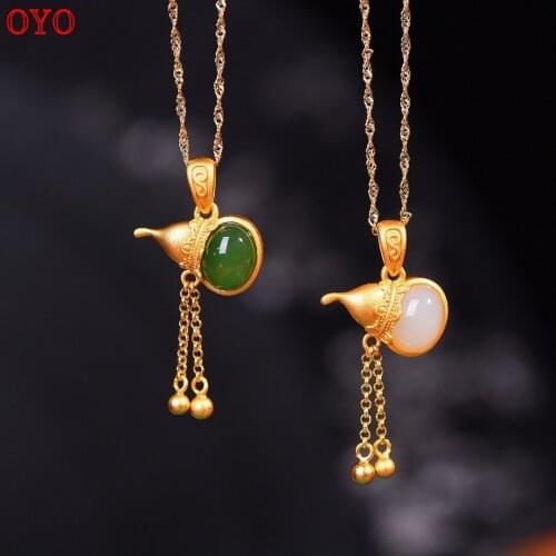925 silver gourd tassel hanging jade white jade jasper inlaid gold-plated