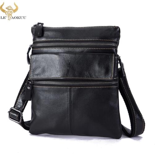 Cowhide Leather Male Design Shoulder Messenger bag Casual fashion Cross-body Bag 9" Tablet School University Student bag 302-b