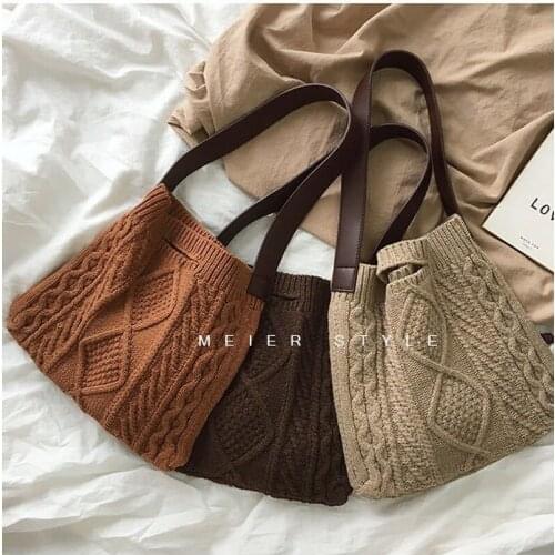 Female Woolen Knitted Braid Criss Cross Handbag Teenager Crochet Winter Fashion Retro Chic Big Capacity Shoulder Bag
