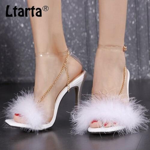LTARTA 12cm Heels Size Womens Shoes European American Style Feather Square Toe Stiletto Sandals High Heel Sandals JXQ