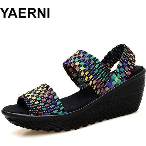 YAERNI Women Sandals Summer Sneakers Woven Shoes Slip On 2021 Fashion High Increase Sandals Breathable Platform Shoes Plus Size